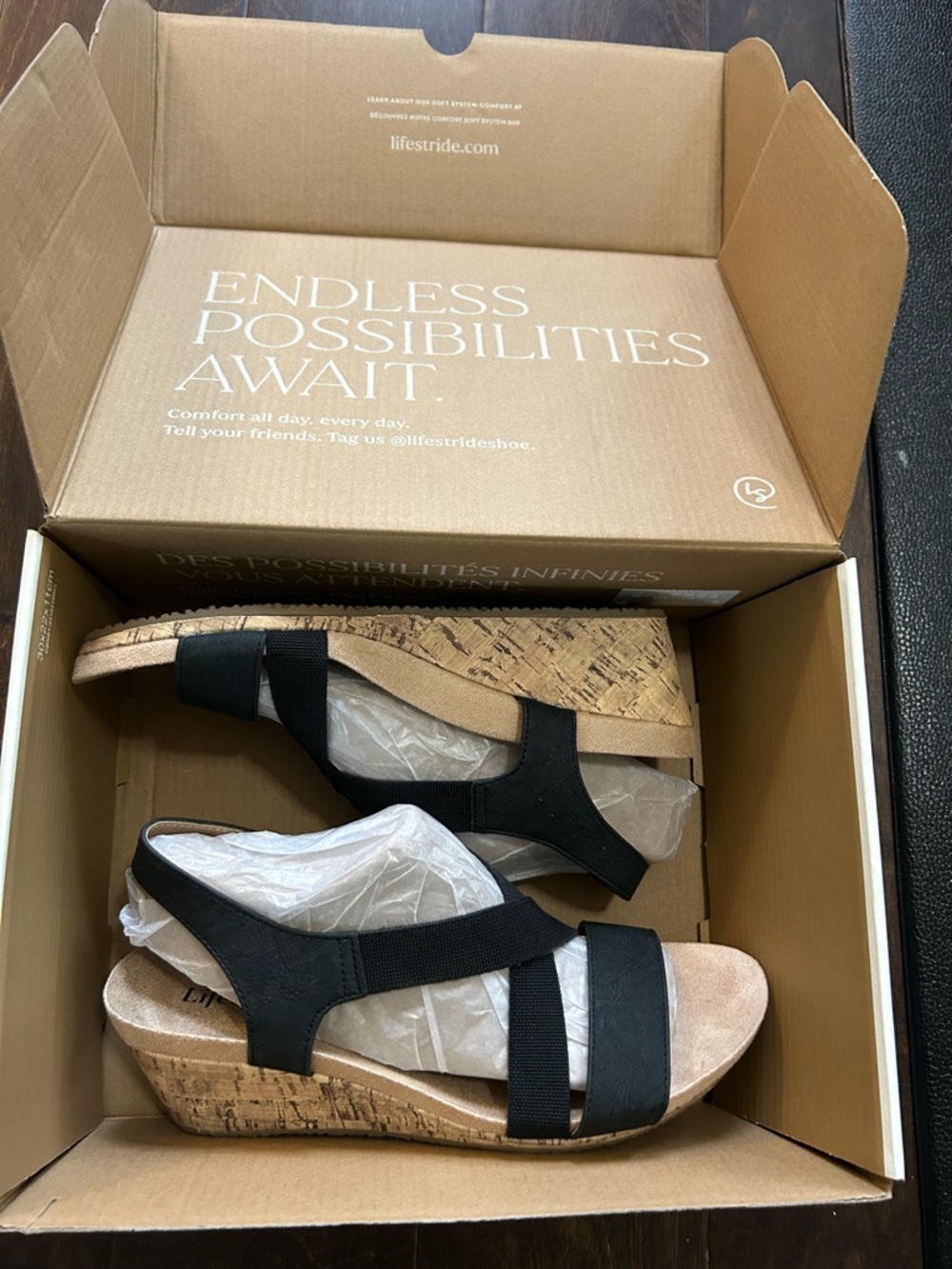 Life Stride Black Mexico Suede Crisscross Cork-Style Wedge Sandals - Picture 3 of 4